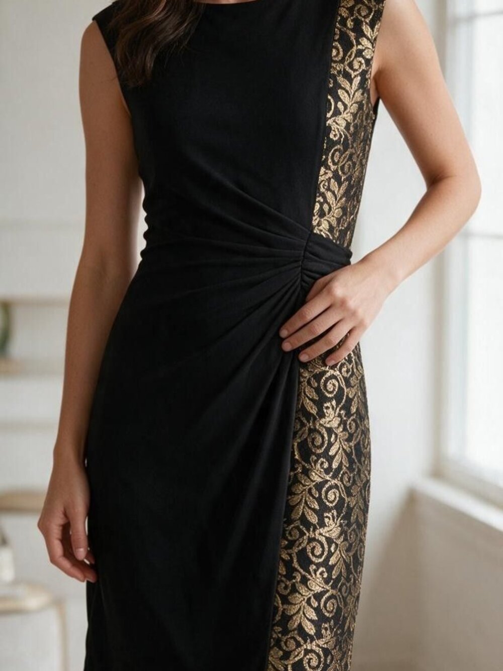 Connected Apparel Karina Black Gold Metallic Brocade Ruched Sheath Dress Old Mon